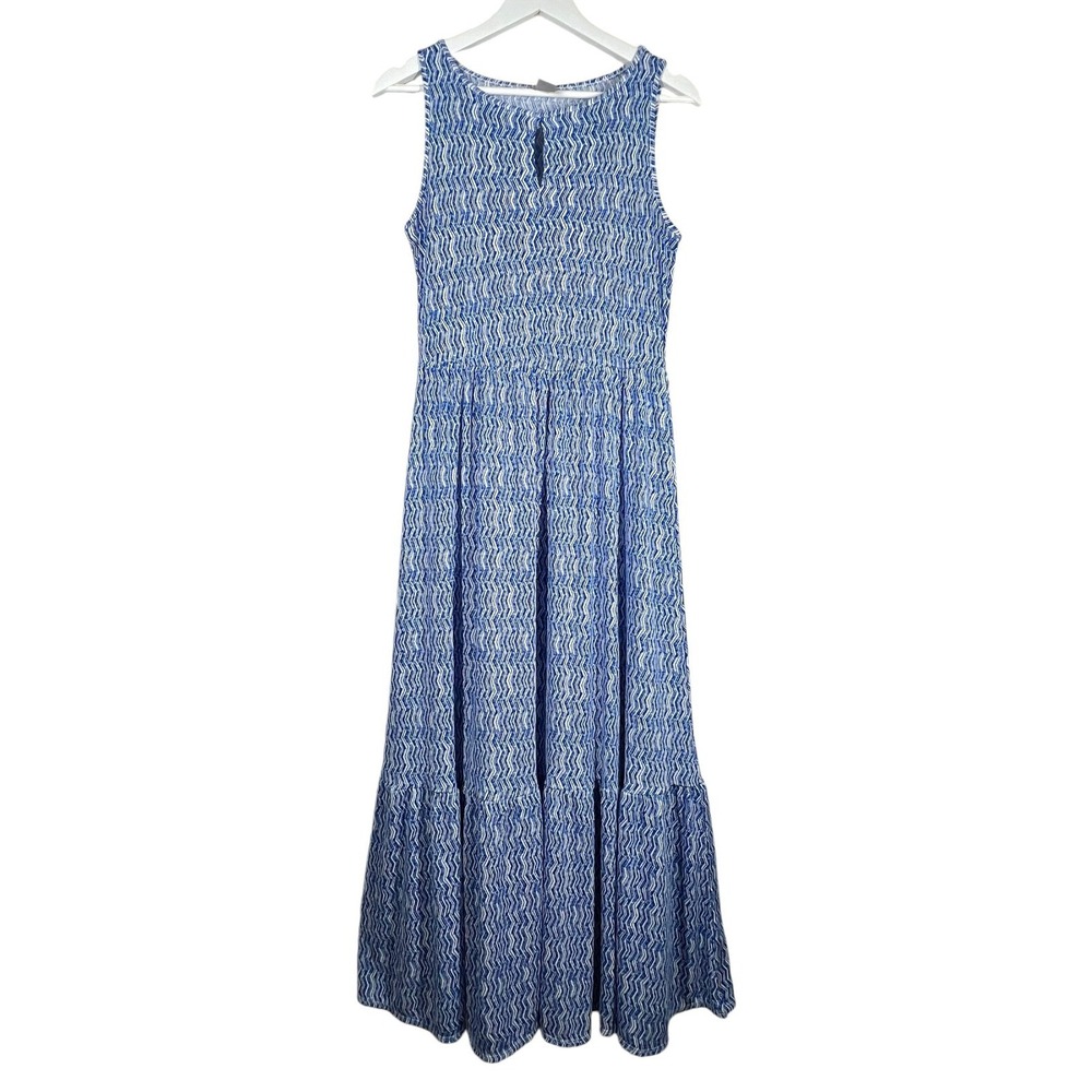 Chico's Maxi Dress Long Small (4/6) Blue White Ruffle Flounce Hem Summer Resort